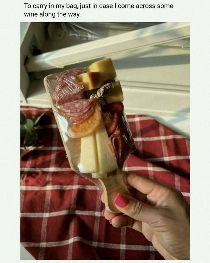Hand holding a frozen charcuterie board snack with meats and cheese as a wild meme to make your day better.