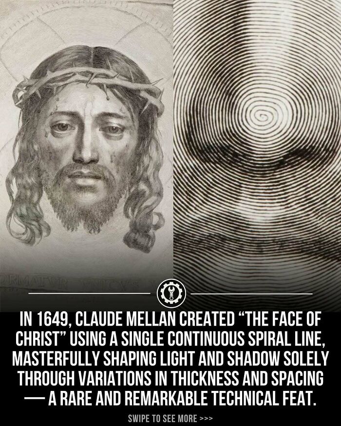 Detailed artwork showing the face of Christ made with a single continuous spiral line illustrating how everything is made.