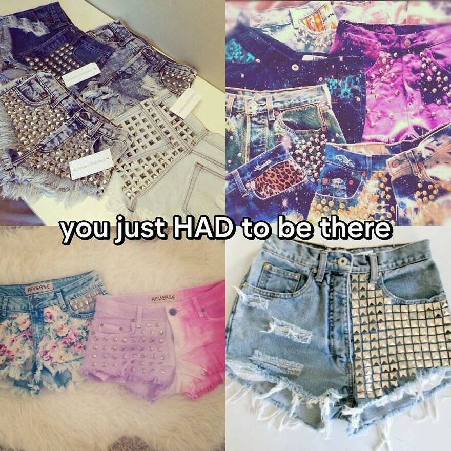 A collage of trendy, studded, distressed denim shorts in various colors and patterns, a nostalgic photo capturing the vibe of growing up in the 2000s.