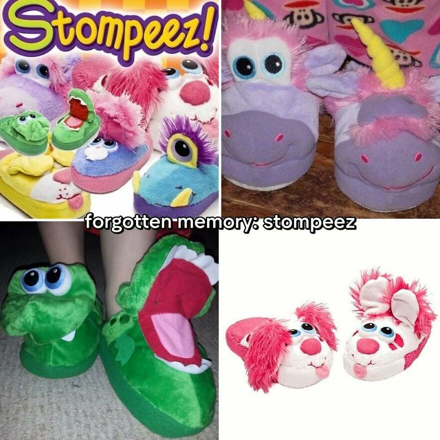 A collage of Stompeez slippers, including crocodiles, unicorns, and other characters. A nostalgic photo capturing the vibe of growing up in the 2000s.