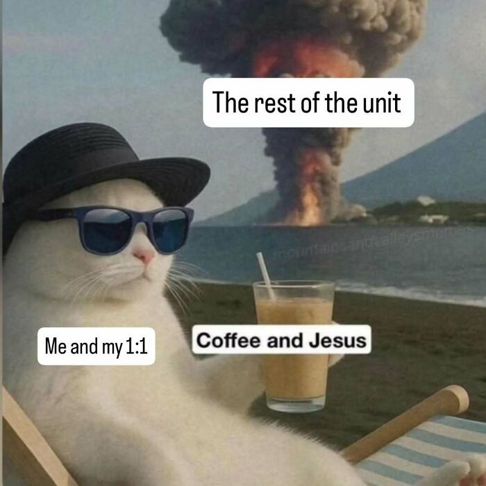Relatable nurse meme: Chill cat sips coffee with a nuclear explosion in background, depicting stressful hospital life.