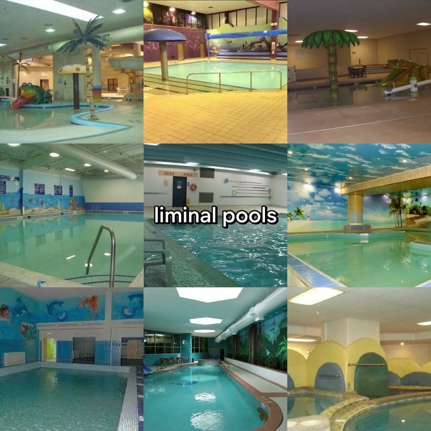 A collage of nine liminal pools and indoor water parks, evoking the vibe of growing up in the 2000s.