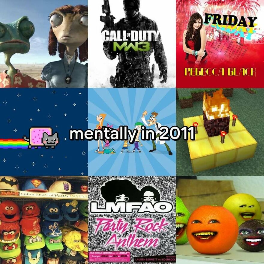A collage of 2000s nostalgic photos: Rango, Call of Duty MW3, Rebecca Black's Friday, Nyan Cat, Phineas and Ferb, Minecraft, character hats, LMFAO Party Rock Anthem, Annoying Orange. Captures the vibe of growing up in the 2000s.