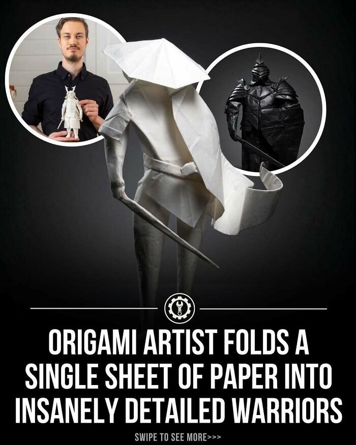 Origami artist folding a single sheet into detailed paper warriors showcasing how everything is made with precision and creativity.