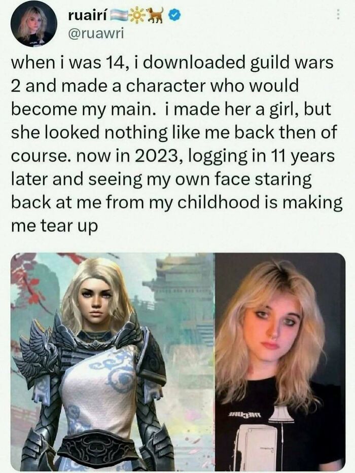 Screenshot of a wild meme showing a girl comparing her childhood game character to her real self years later.