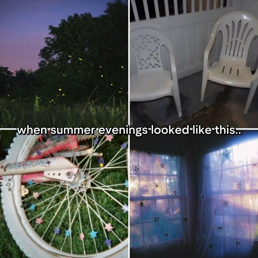 A collage capturing 2000s growing up vibes: fireflies at dusk, old patio chairs, a bike with star spoke beads, and sunlit curtains. Nostalgic photos.