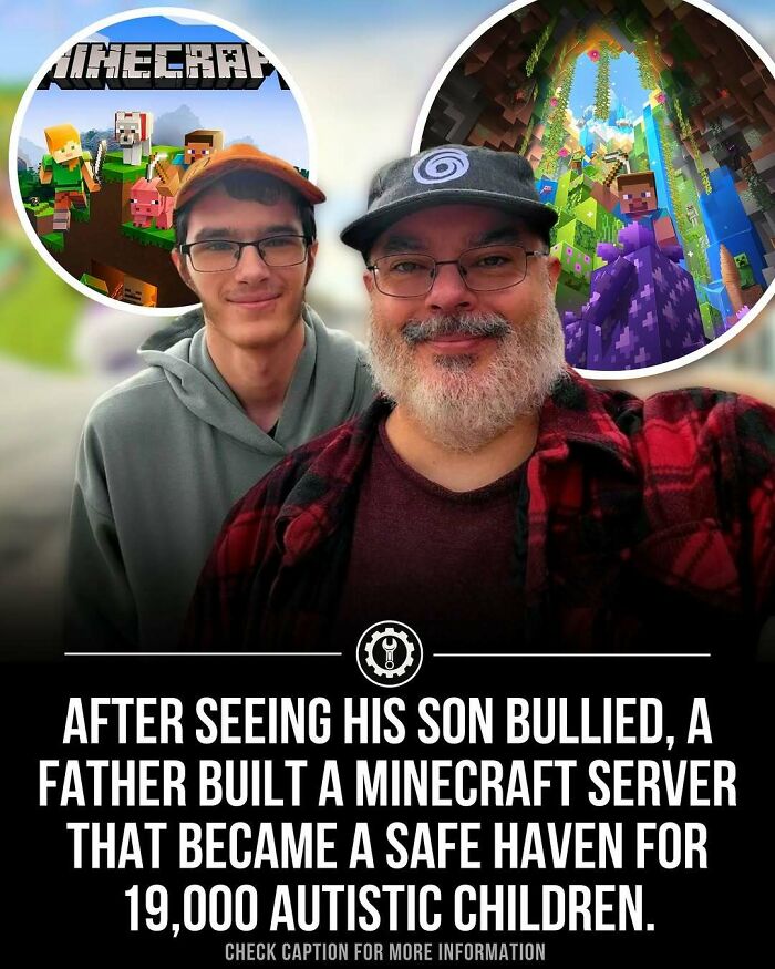 Father and son with Minecraft characters, highlighting a safe haven server for autistic children and how everything is made.