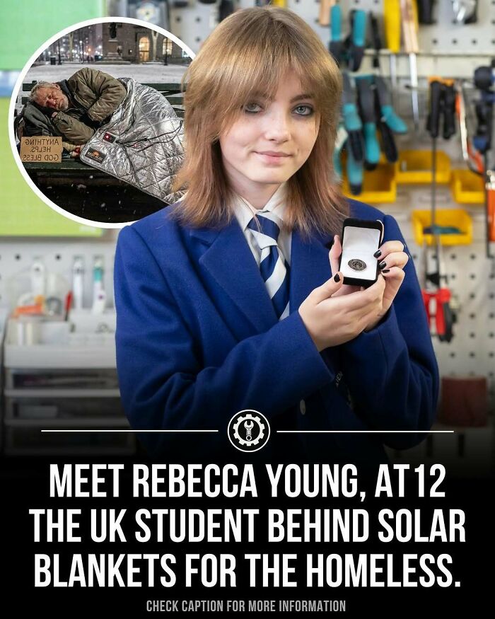 Young UK student holding an award for inventing solar blankets for the homeless, highlighting how everything is made.