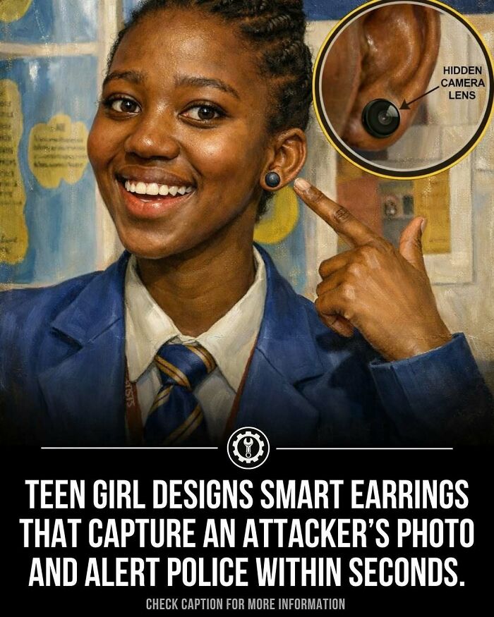Teen girl demonstrates smart earrings with hidden camera smartly designed for security and innovation in how everything is made.