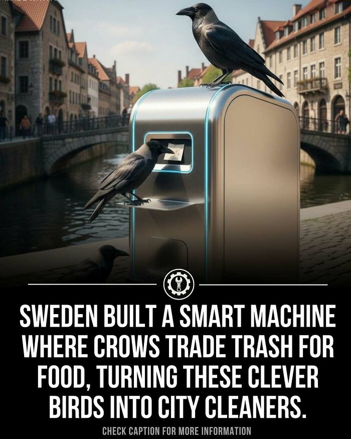 Smart machine in Sweden where crows trade trash for food, showcasing innovative urban waste management technology.
