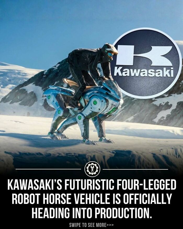 Futuristic four-legged robot horse by Kawasaki showcased in snowy terrain illustrating how everything is made innovation.