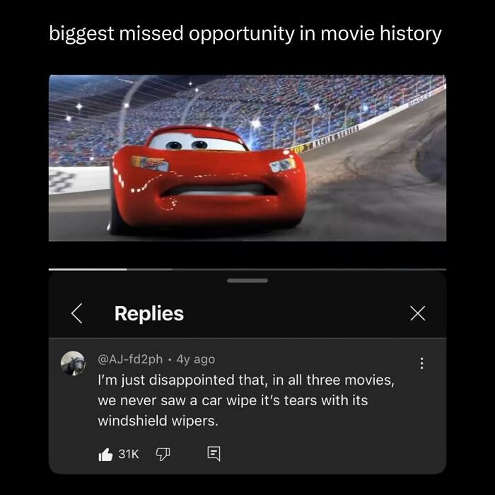 Animated red race car from movie Cars with a funny comment about missed opportunities, fitting for funny and interesting posts.