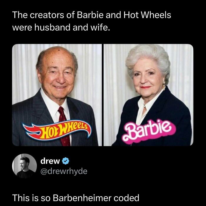 Elderly man and woman labeled Hot Wheels and Barbie, highlighting funny and interesting posts about creative couples.