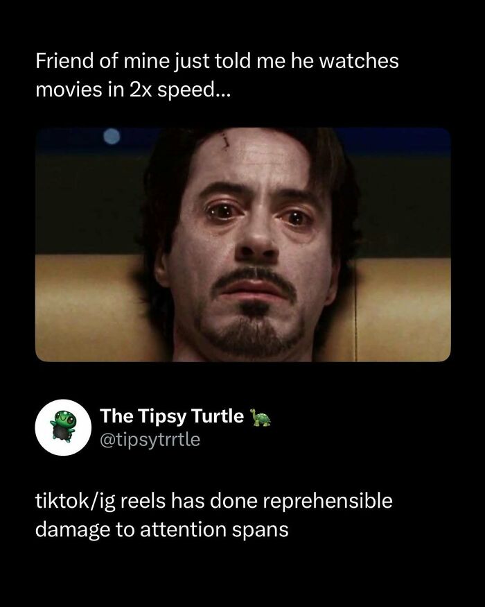 Man with a distressed expression referencing watching movies in 2x speed in a funny and interesting post.