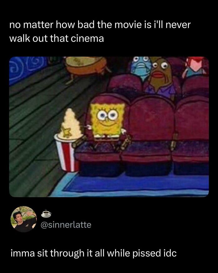 SpongeBob sitting in a cinema with popcorn, illustrating funny and interesting posts about enduring bad movies.