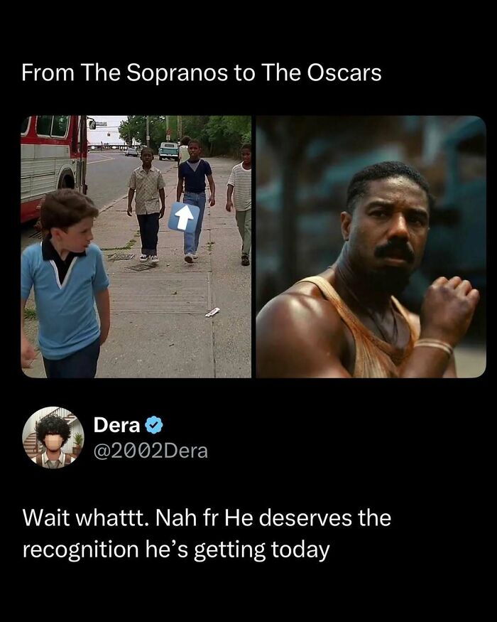 Screenshots from The Sopranos and the Oscars with a tweet highlighting recognition in funny and interesting posts.