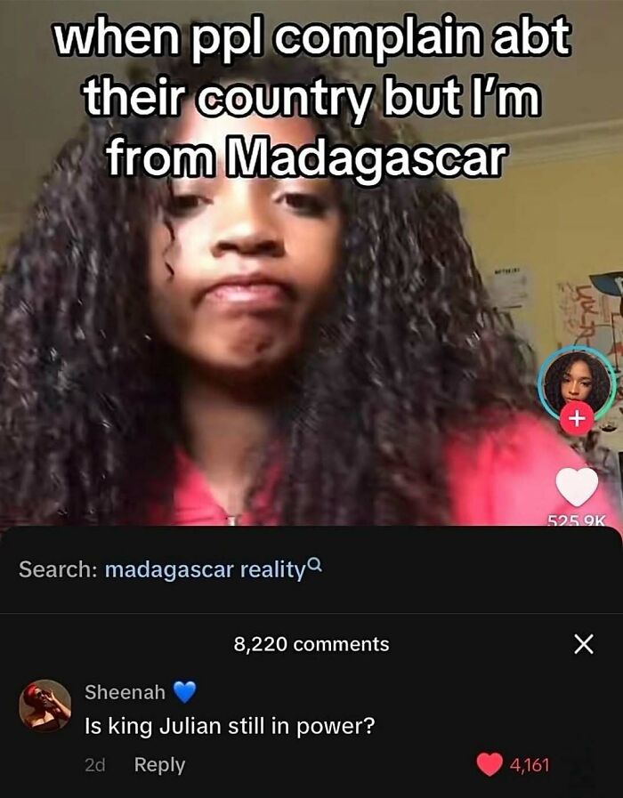 Young woman reacting with a funny expression in a viral Madagascar reality post, aiming to make your day a little better.
