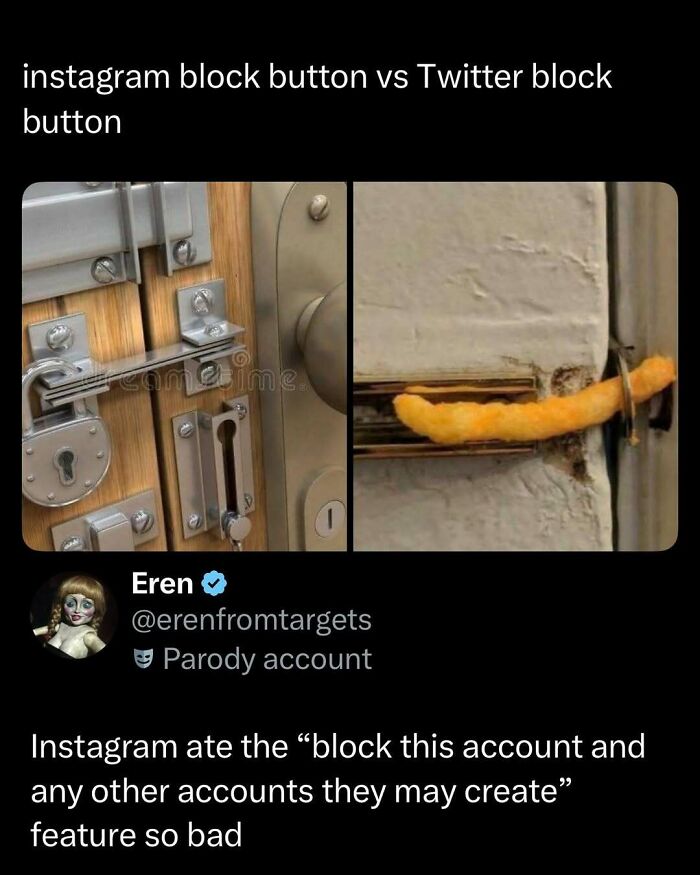 Comparison of Instagram and Twitter block buttons humorously illustrated, a funny post to make your day better.