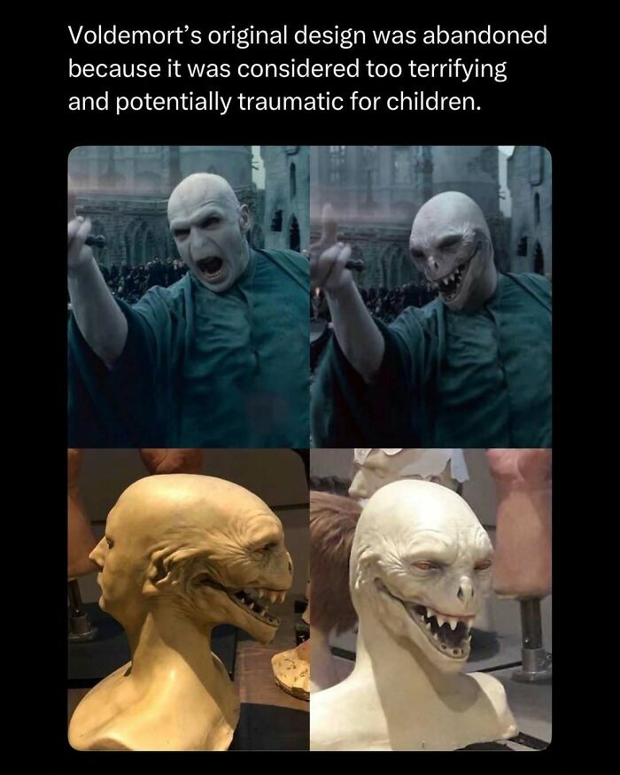 Original and abandoned Voldemort designs shown with creepy masks in funny and interesting posts that might make your day better.