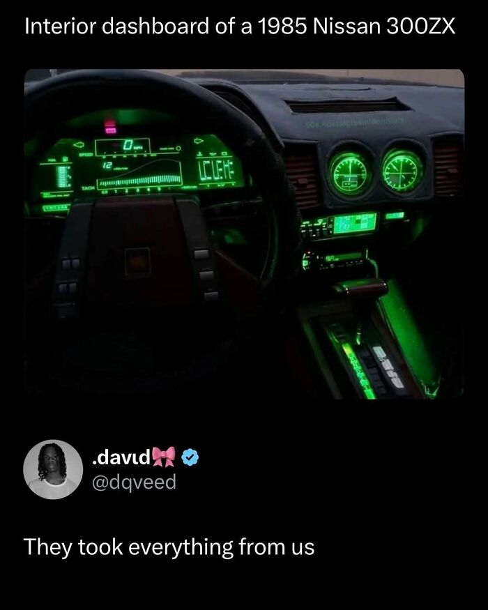 Interior dashboard of a 1985 Nissan 300ZX with glowing green digital gauges, featured in funny and interesting posts.