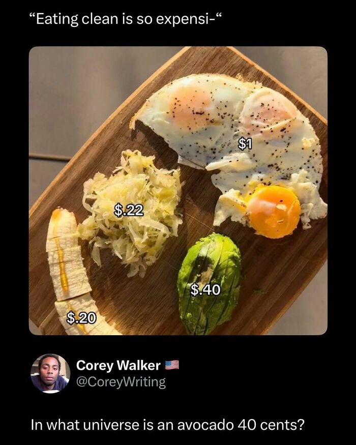 Breakfast items on a wooden board with humorous price tags, illustrating funny and interesting posts to brighten your day.