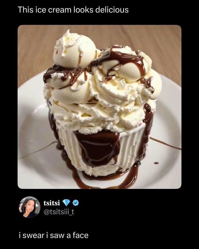 Close-up of ice cream topped with whipped cream and drizzled chocolate, a funny post from interesting content to brighten your day.