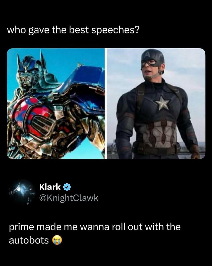 Meme comparing speech-giving between Optimus Prime and Captain America, featuring funny post about Autobots.