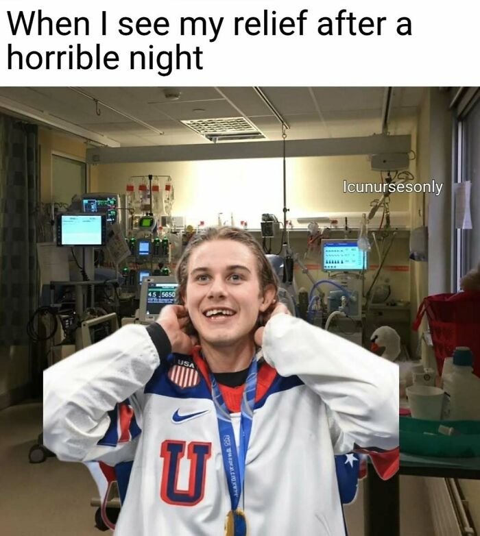 A smiling athlete in a USA jacket with a medal, digitally placed in a hospital room, making a relatable nurse meme.