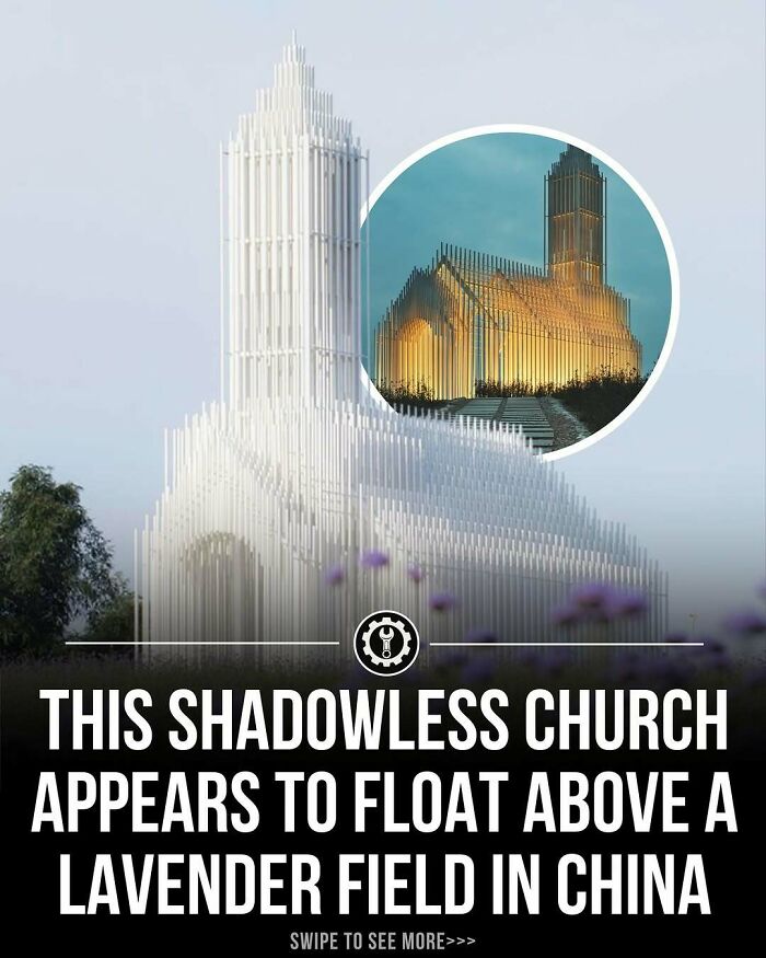 Modern shadowless church design appearing to float above a lavender field, showcasing how everything is made with innovative architecture.