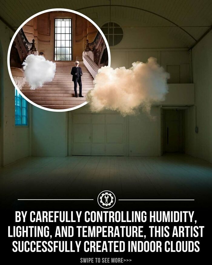 Artist creating indoor clouds by controlling humidity, lighting, and temperature, showcasing fascinating facts on how everything is made.