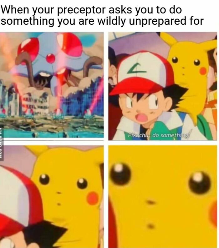A meme with Ash and Pikachu, depicting unpreparedness for tasks, a relatable nurse meme for hospital life.
