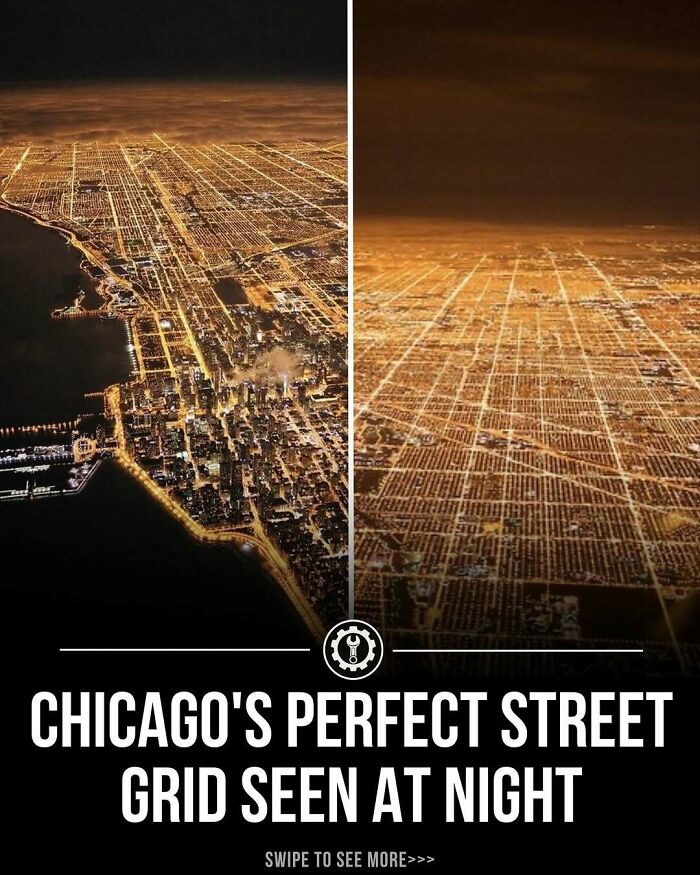 Aerial night view of Chicago’s perfect street grid illuminated, showcasing how everything is made in urban planning and design.