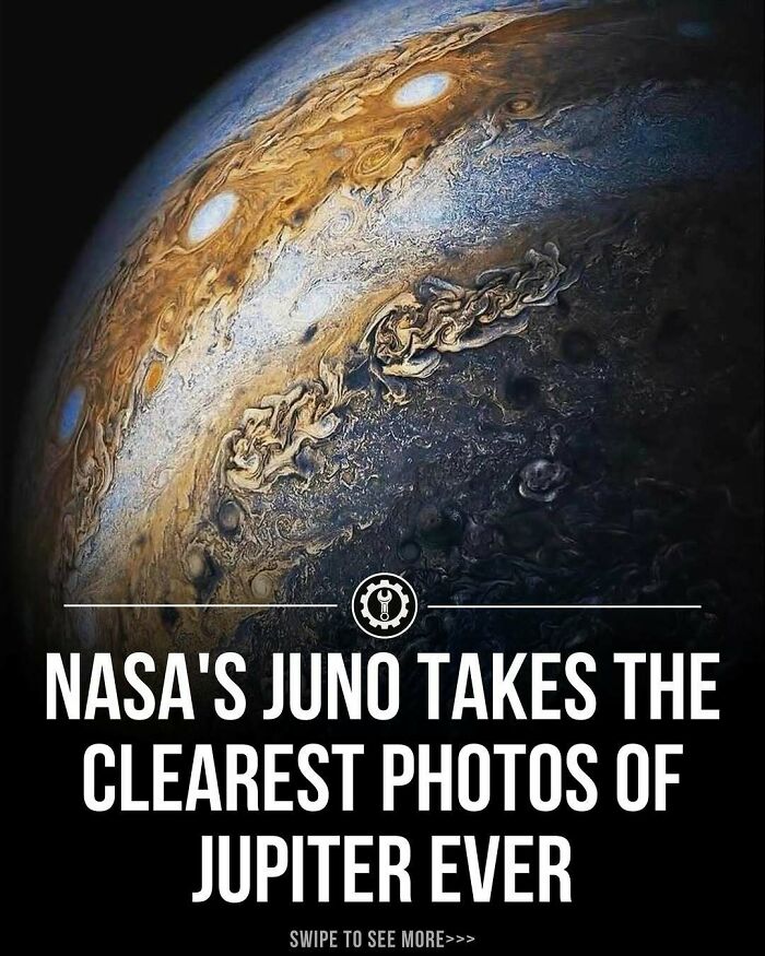 Close-up photo of Jupiter's swirling storms by NASA's Juno, showcasing fascinating facts about how everything is made in space.