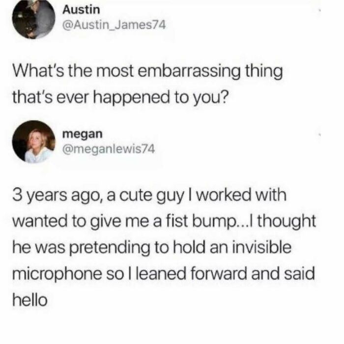 Text meme about a work meeting mishap where a fist bump was mistaken for holding an invisible microphone, a work meme.