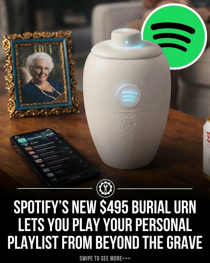 Smart burial urn with Spotify integration on wooden table, illustrating how everything is made with modern technology.