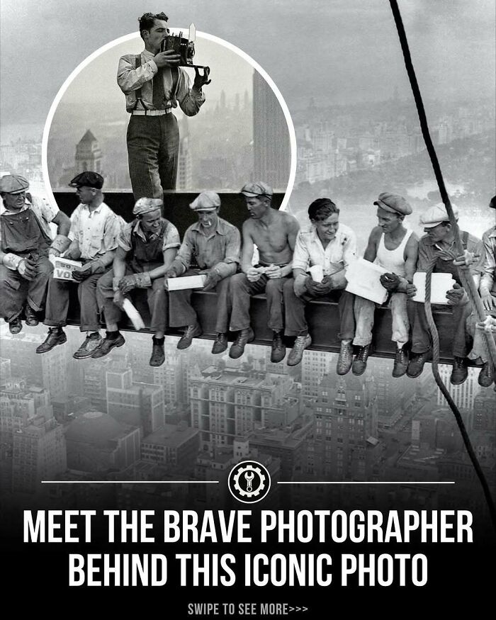 Black and white image showing construction workers on a beam with the brave photographer capturing this iconic photo above a city skyline.