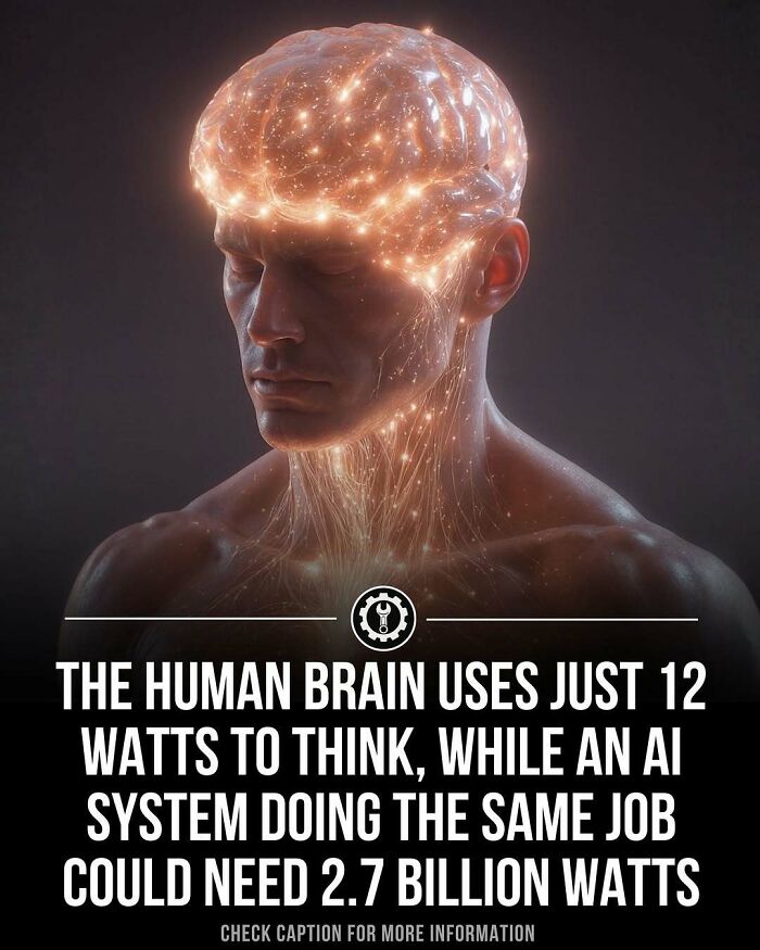 Glowing human brain with neural connections illustrating energy use compared to AI systems in how everything is made.