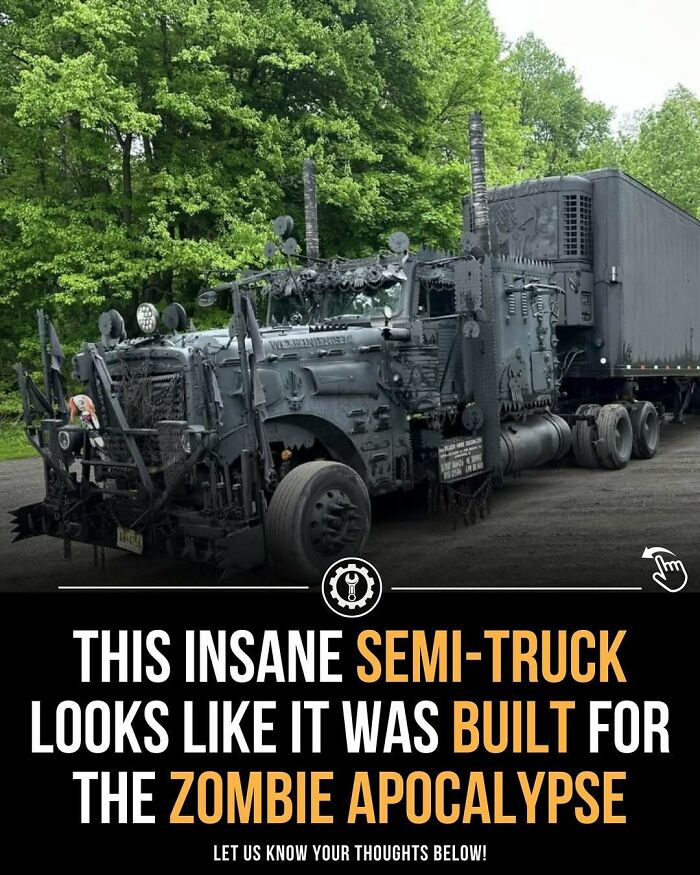 Black semi-truck heavily modified with metal parts and spikes, showcasing how everything is made for extreme durability.