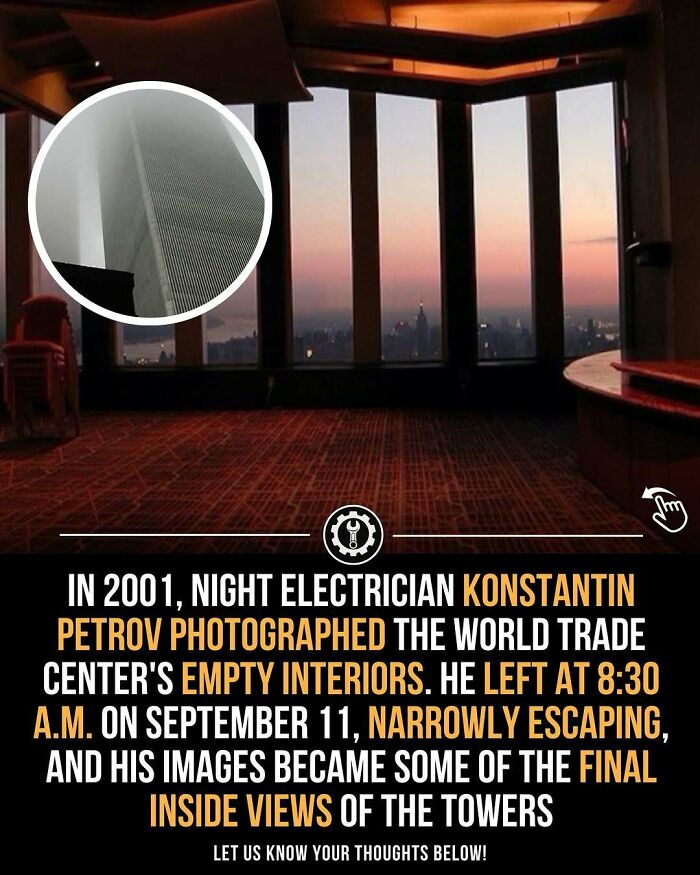 Empty interiors of the World Trade Center photographed in 2001, revealing rare final inside views before the towers were destroyed.