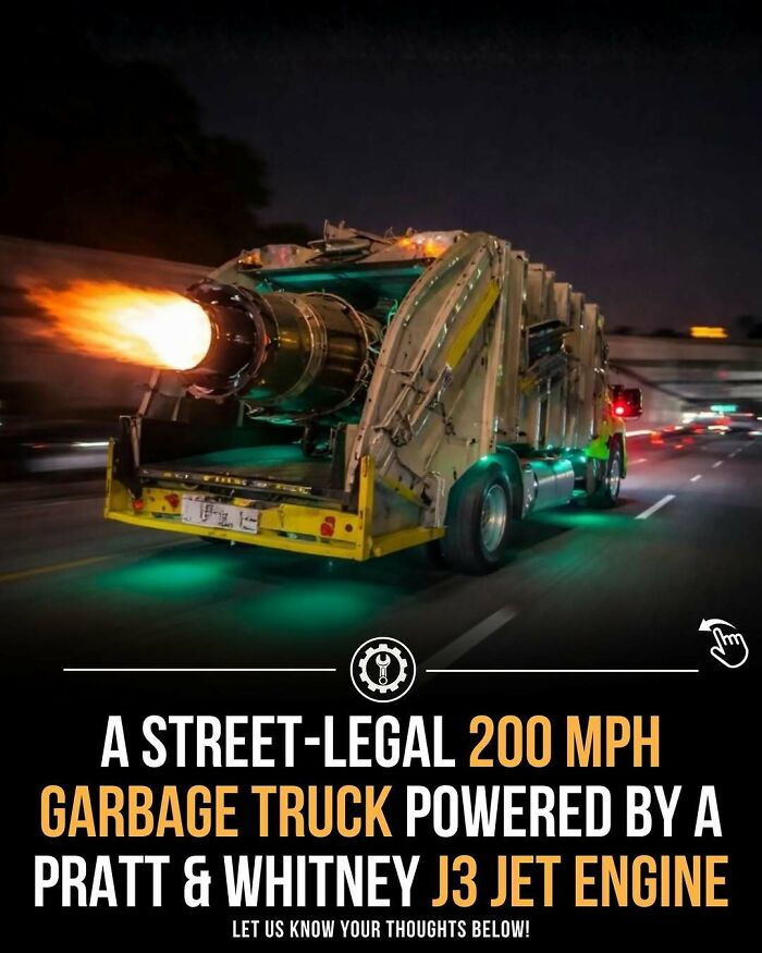 Street-legal garbage truck with a Pratt & Whitney J3 jet engine reaching speeds of 200 mph in action at night.
