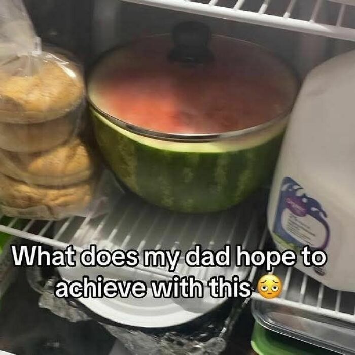 A hilarious, random, unhinged pic of a watermelon half in a pot with a lid in a refrigerator, next to bagels and milk.