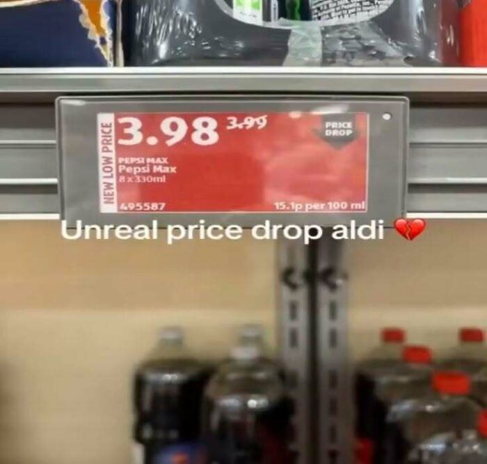A hilarious price drop sign at Aldi for Pepsi Max, going from 3.99 to 3.98, one of many unhinged pics.