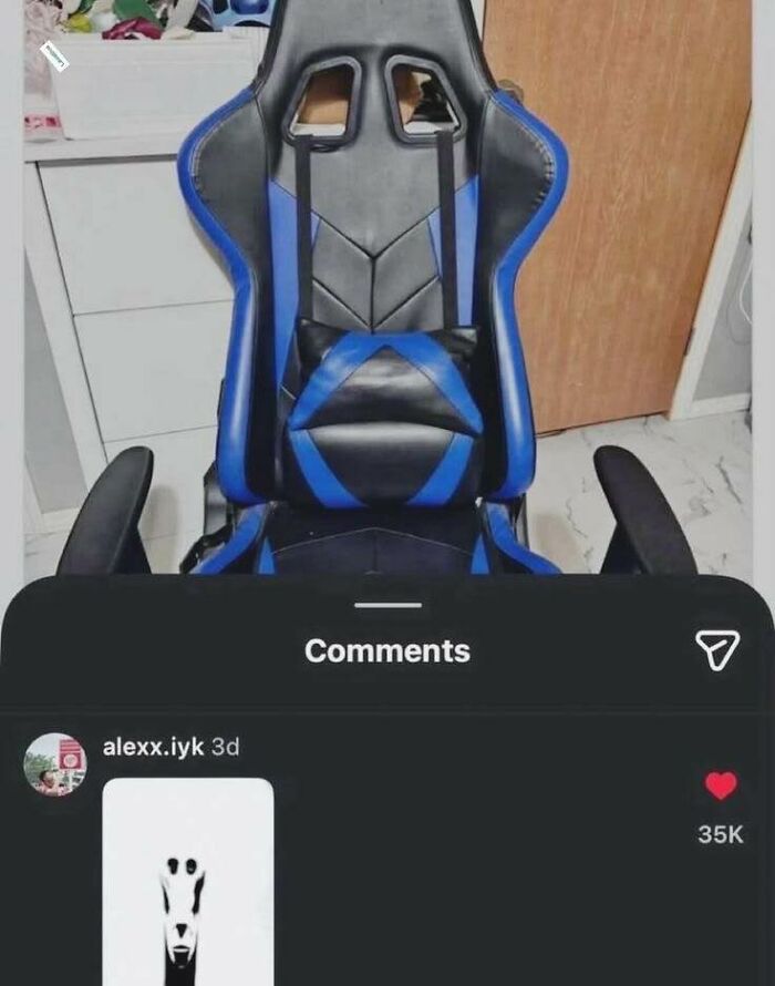 A black and blue gaming chair with an Instagram comments overlay. One of the random unhinged pics.