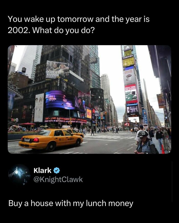 Funny and interesting post showing a city street with yellow taxis and a humorous tweet about waking up in 2002.