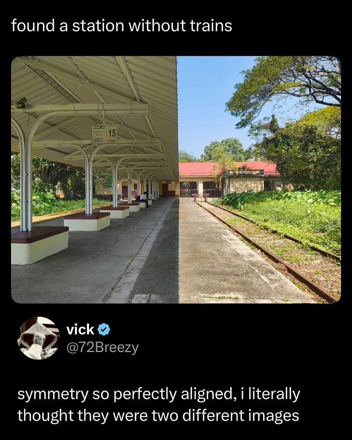 Symmetry in a train station platform with no trains, creating a funny and interesting visual post to brighten your day.