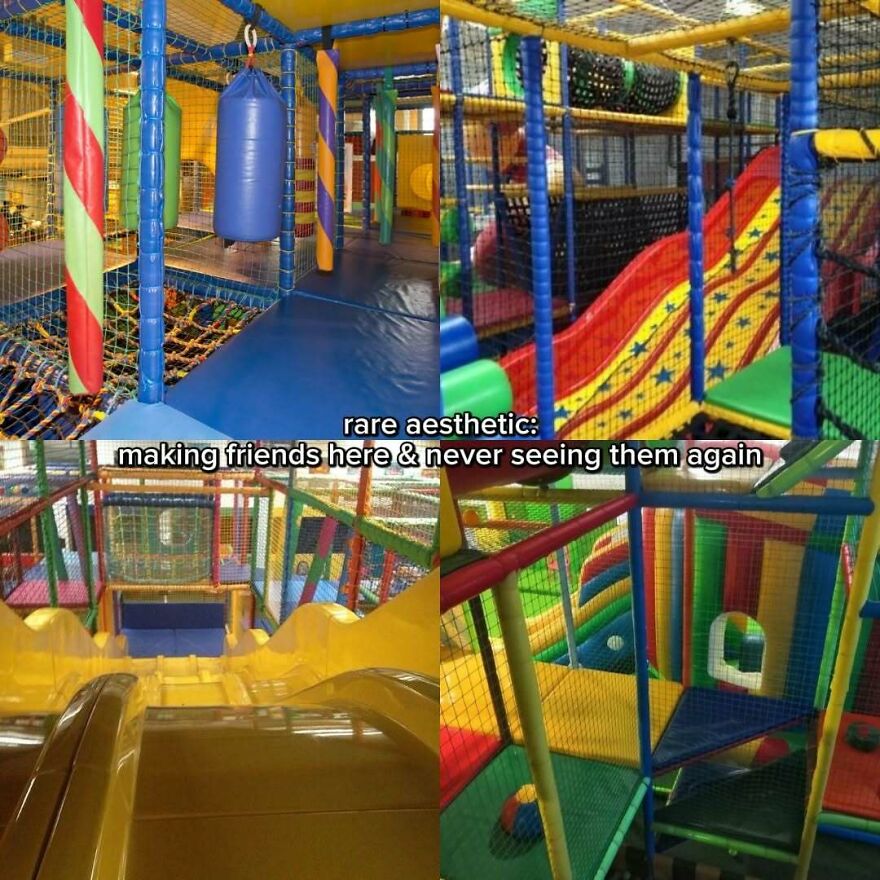 A vibrant, colorful indoor soft play area, evoking nostalgic memories of growing up in the 2000s, with slides and climbing frames.