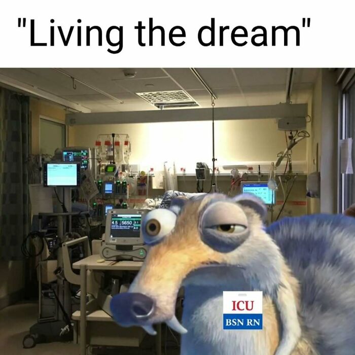 Scrat from Ice Age, labeled ICU BSN RN, looks exhausted in a hospital room, a relatable nurse meme.