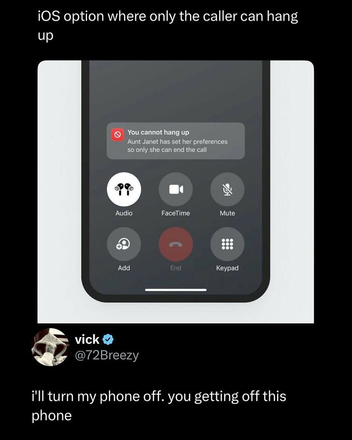 Screenshot of a humorous iOS call screen where only the caller can hang up, featured in funny posts.