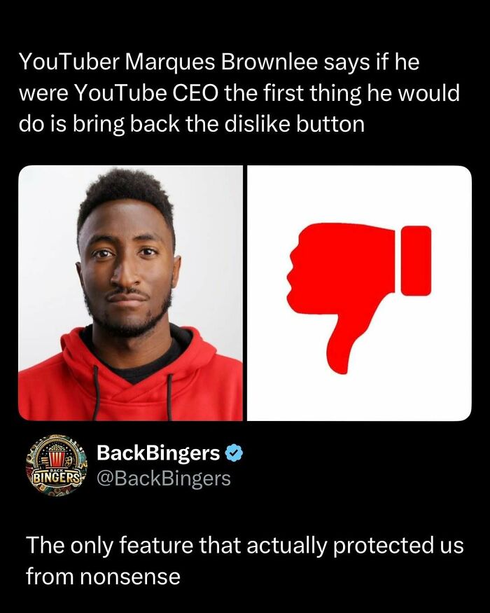 YouTuber Marques Brownlee discusses bringing back the dislike button in a funny and interesting post.