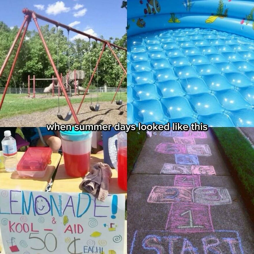 Nostalgic photos showing childhood in the 2000s: a swing set, inflatable pool, lemonade stand, and hopscotch.